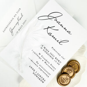 Zaproszenie minimalistyczne, zaproszenie z piórkiem, zaproszenie eleganckie, zaproszenie luksusowe, zaproszenie ślubne premium, zaproszenie ślubne