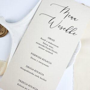 Menu weselne jednostronne, menu weselne jednokartkowe, menu weselne, eleganckie menu weselne, menu leżące