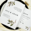 Zaproszenie ślubne z motywem gałązki oliwnej, zaproszenia ślubne oliwkowe, zaproszenia ślubne z oliwką, zaproszenia ślubne z gałązką, zaproszenia ślubne z liśćmi, zaproszenia ślubne minimalistyczne