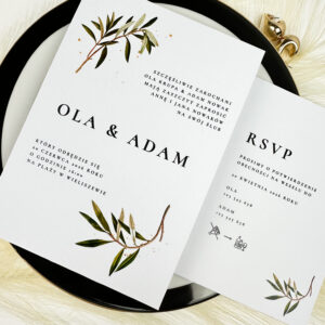 Zaproszenie ślubne z motywem gałązki oliwnej, zaproszenia ślubne oliwkowe, zaproszenia ślubne z oliwką, zaproszenia ślubne z gałązką, zaproszenia ślubne z liśćmi, zaproszenia ślubne minimalistyczne