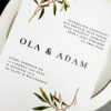 Zaproszenie ślubne z motywem gałązki oliwnej, zaproszenia ślubne oliwkowe, zaproszenia ślubne z oliwką, zaproszenia ślubne z gałązką, zaproszenia ślubne z liśćmi, zaproszenia ślubne minimalistyczne